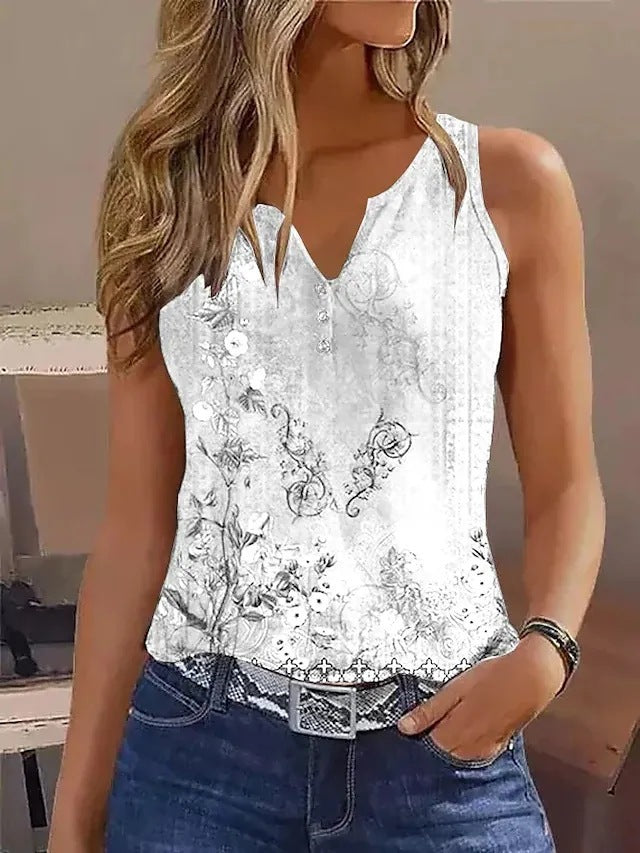 Women's sleeveless top with elegant floral design and unusual V-neck, size [size]