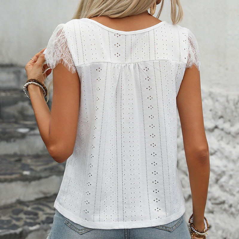 Women's blouse with lace sleeves and decorative button plackets, size