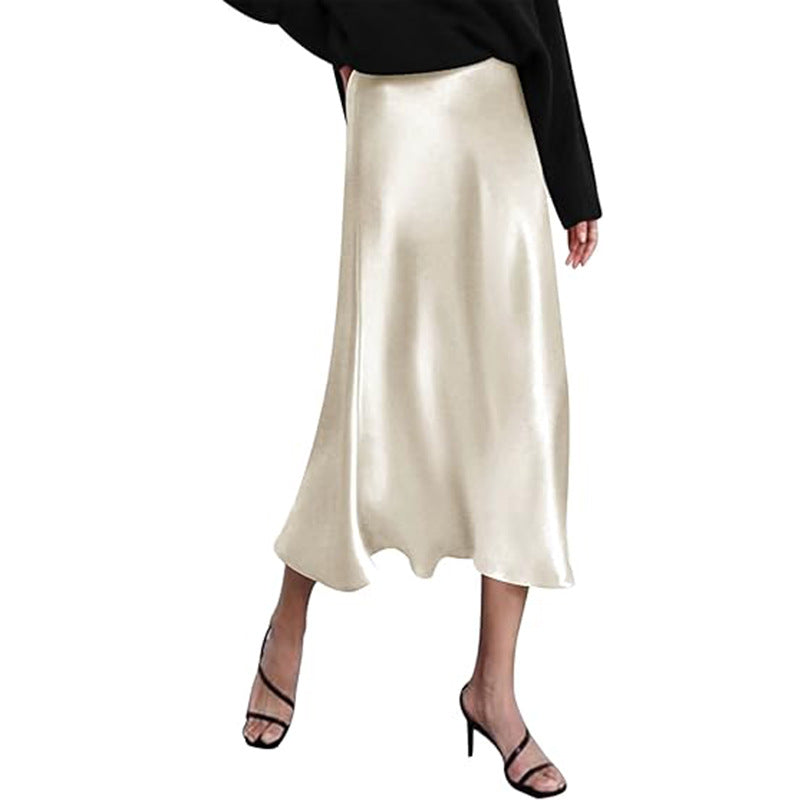 Women's elegant midi skirt in satin viscose with a flowing drape, size Valenzora
