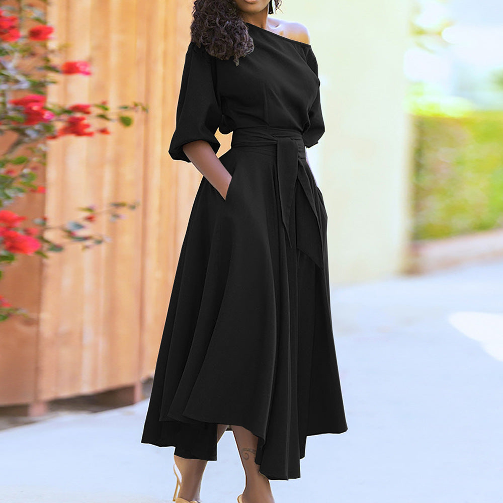 Women's elegant wrap dress with asymmetrical cut and practical pockets, size
