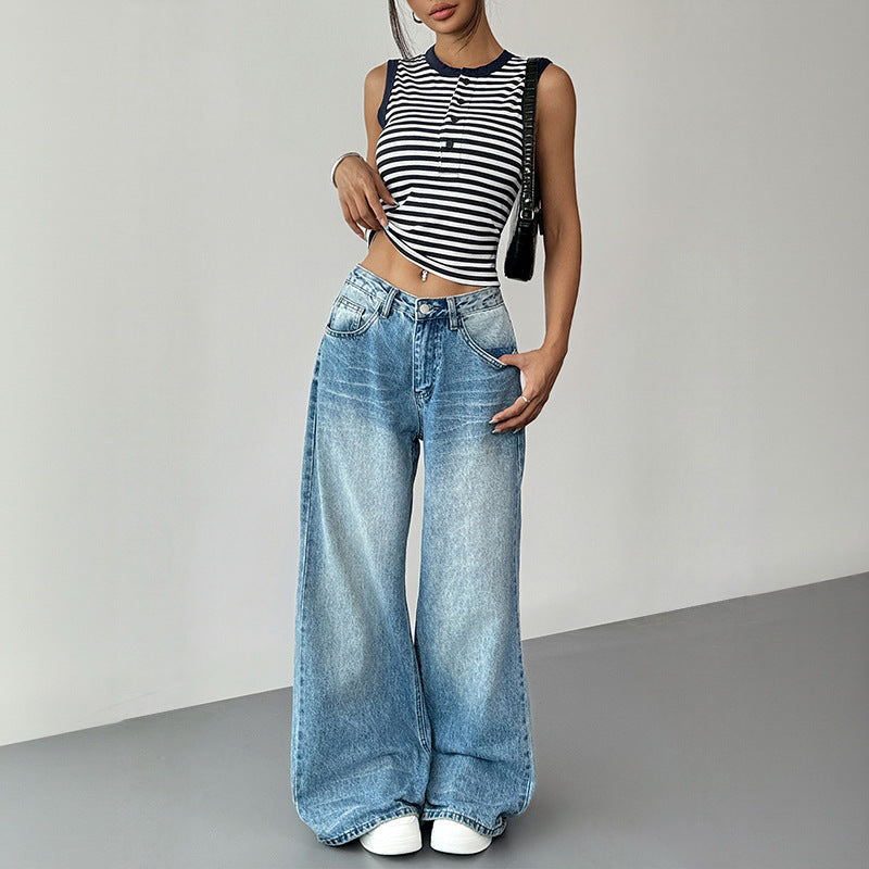 Ärmelloses Damen-Top mit Knopfleiste und modernen Streifen, Größe