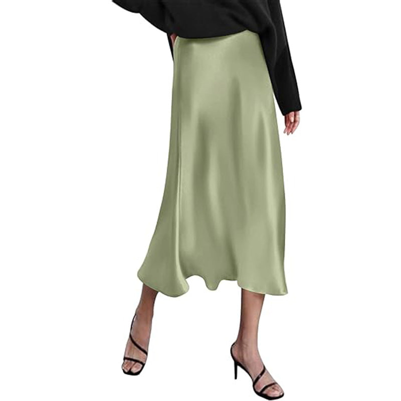 Women's elegant midi skirt in satin viscose with a flowing drape, size Valenzora