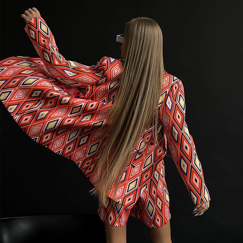 Damen-Blazer- und Short-Set mit geometrischem Muster und verstellbarem Gürtel, Größe [Größe fehlt]