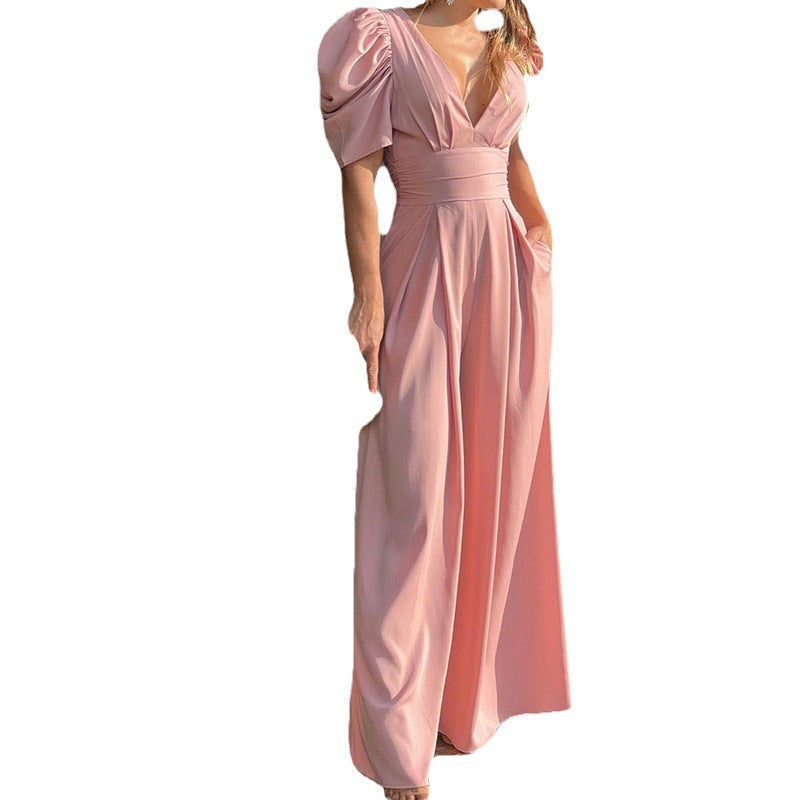 Eleganter Damen-Jumpsuit mit voluminösen Puffärmeln und tiefem V-Ausschnitt, Größe [size]