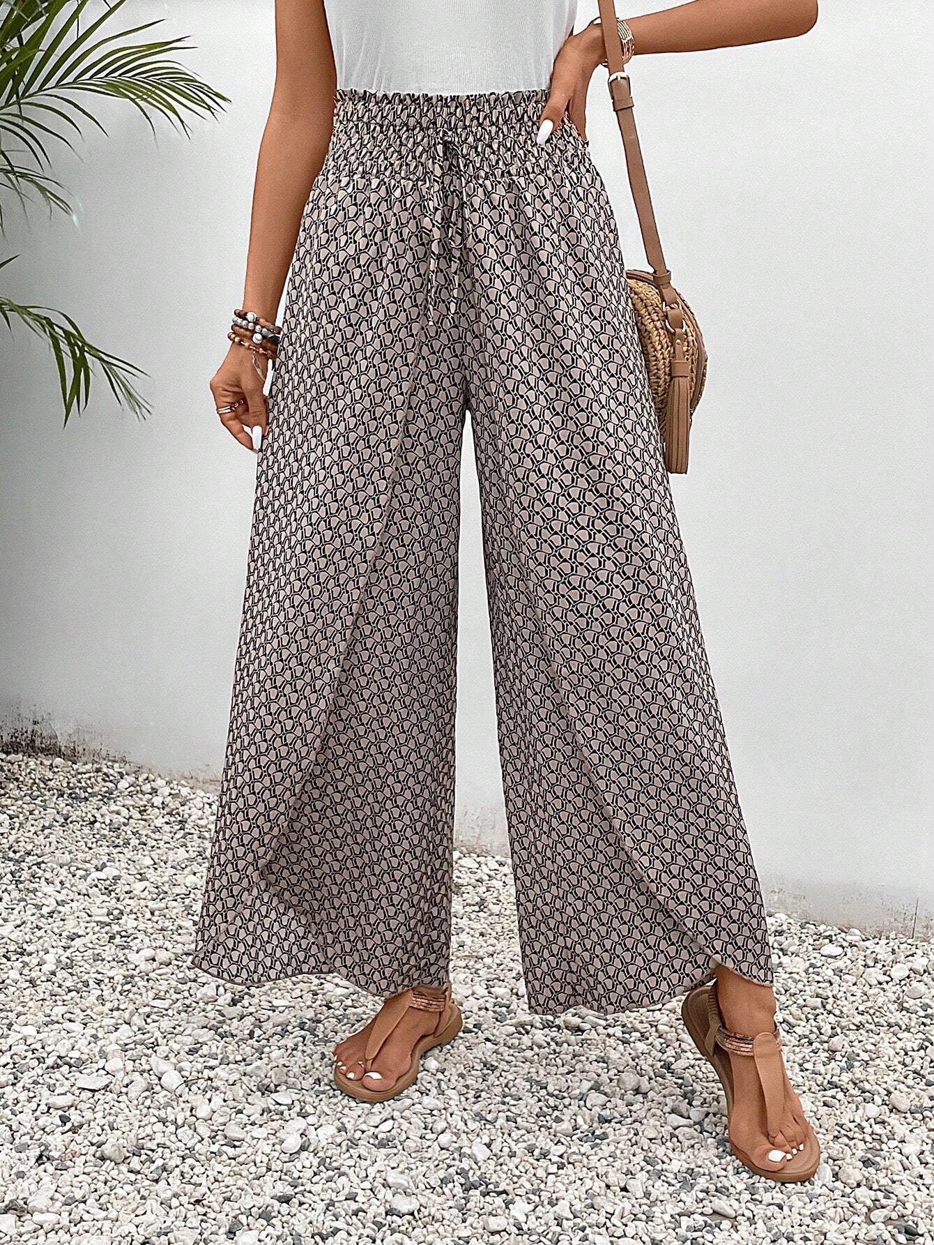 Damen-Sommerhose mit weitem Bein, elastischem Bund und Blumenmuster, Größe S