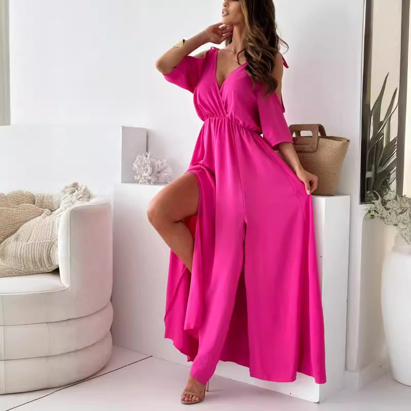 Valenzora | Satin Strappy Lace V-Neck Long Dress