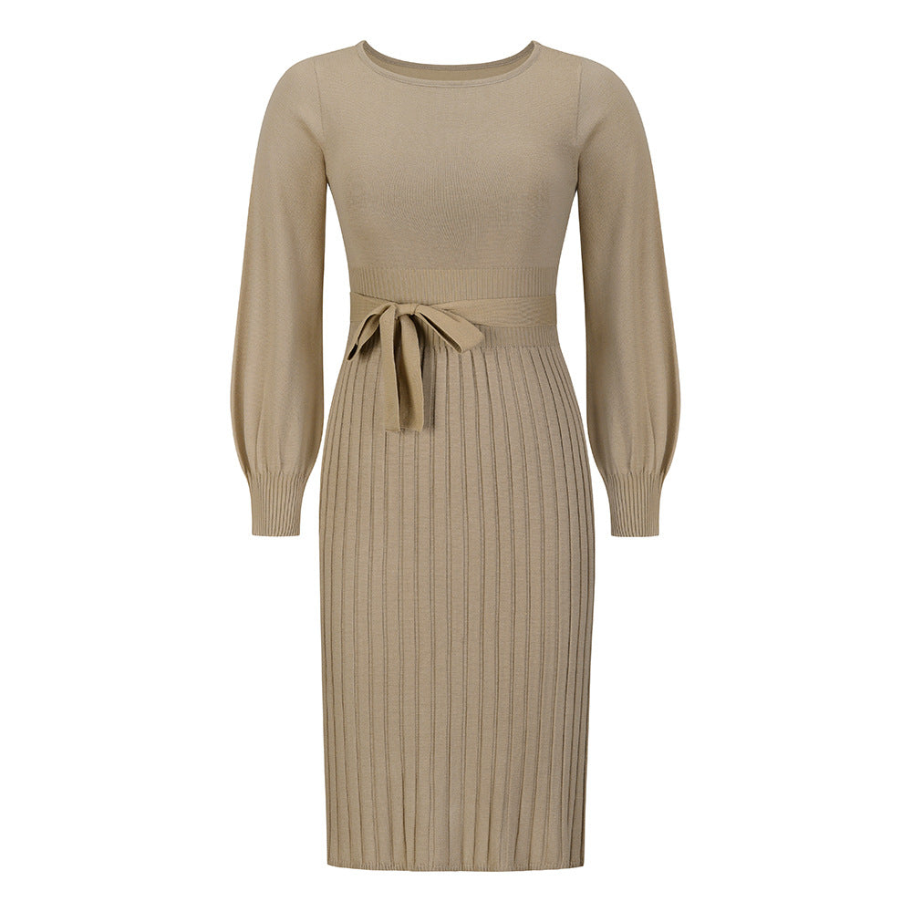 Damen-Strickkleid mit verstellbarem Gürtel und langen Ärmeln, Größe