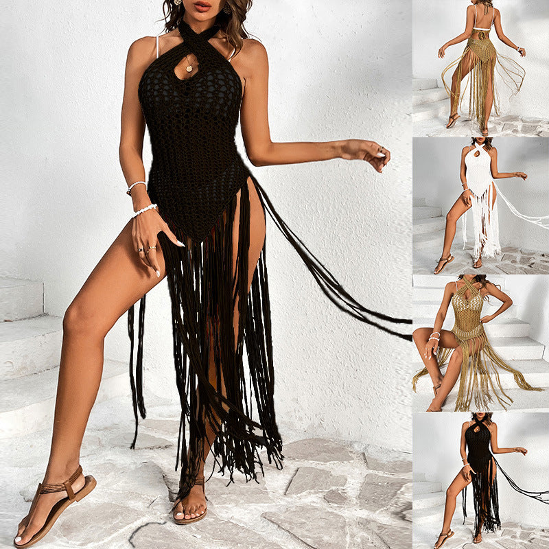 Women's crocheted swimsuits with fringed accents, size