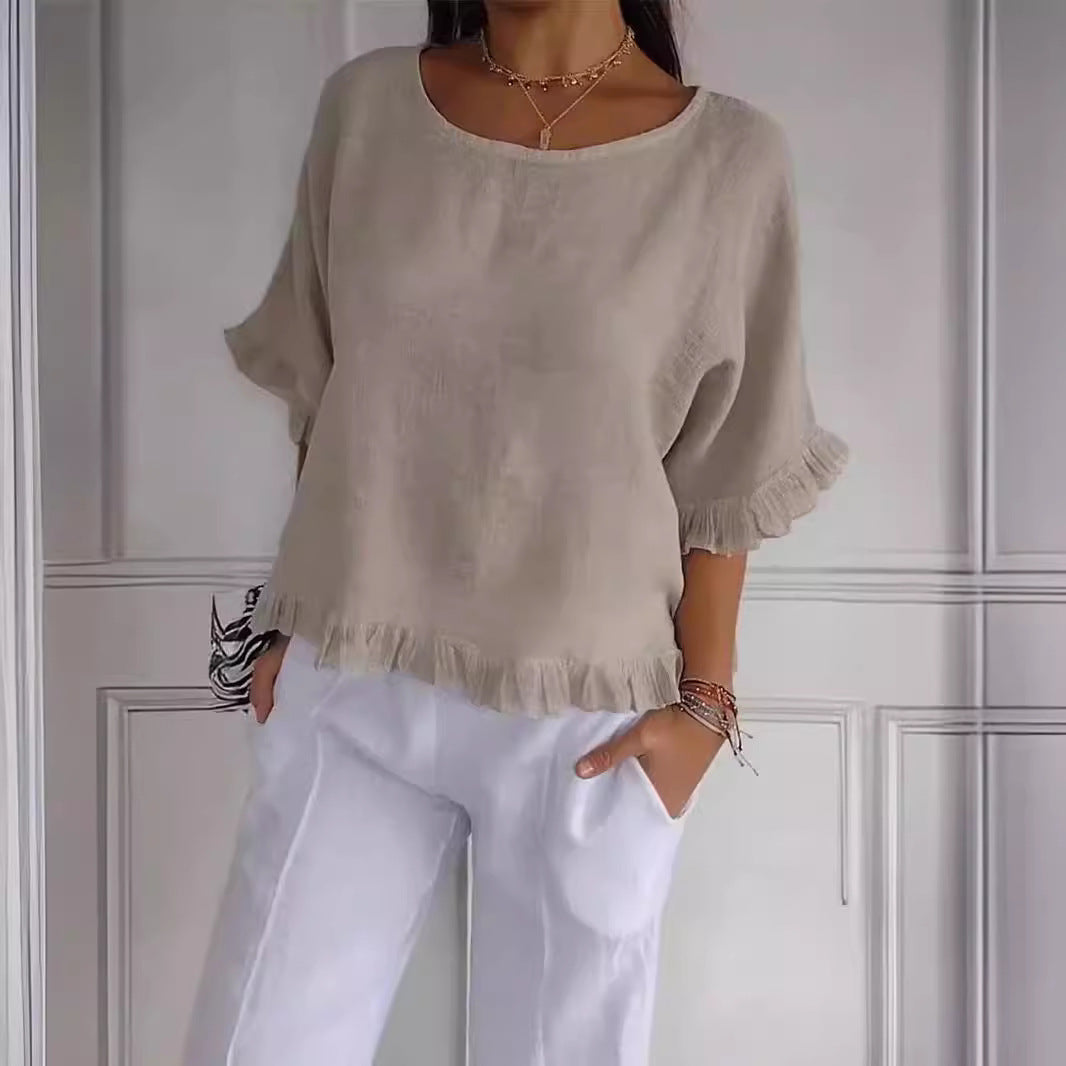 Valenzora | Ruffled hem Casual short-sleeved T-shirt
