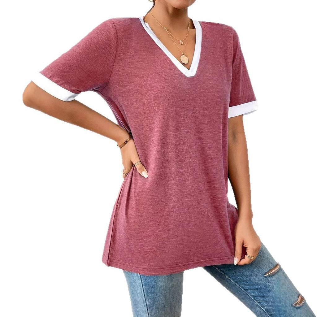 Women's V-neck shirt with contrast sleeves and comfortable fit, size