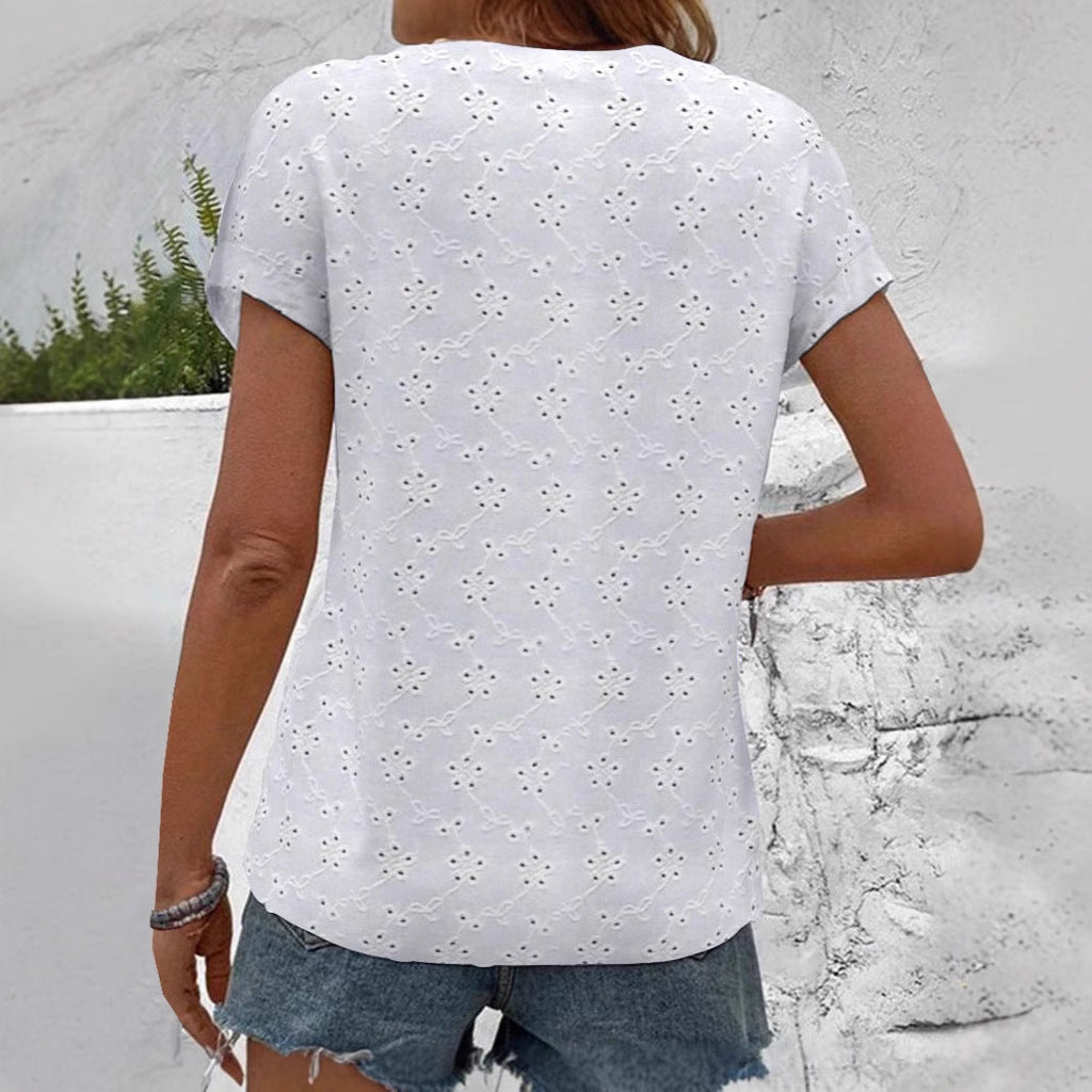 Women's airy blouse with floral eyelet embroidery and full button placket, size S