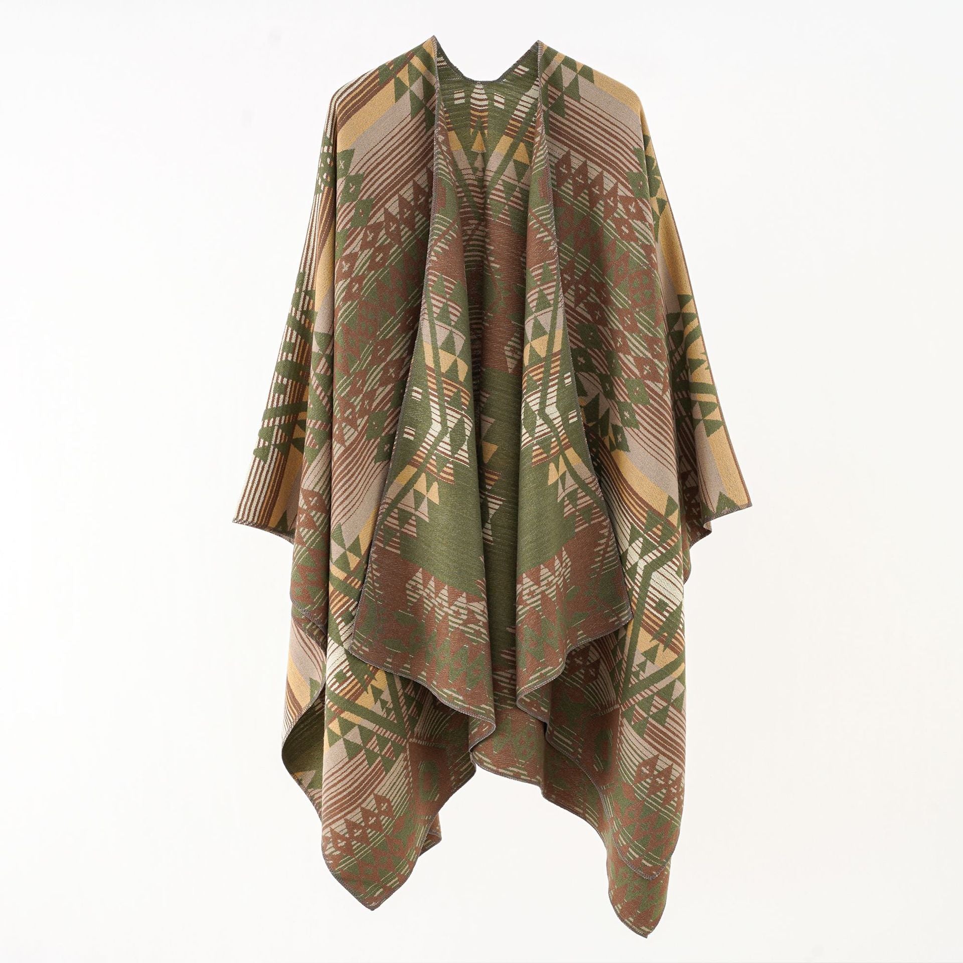 Women's geometric throw poncho with warm material and trendy pattern, size S