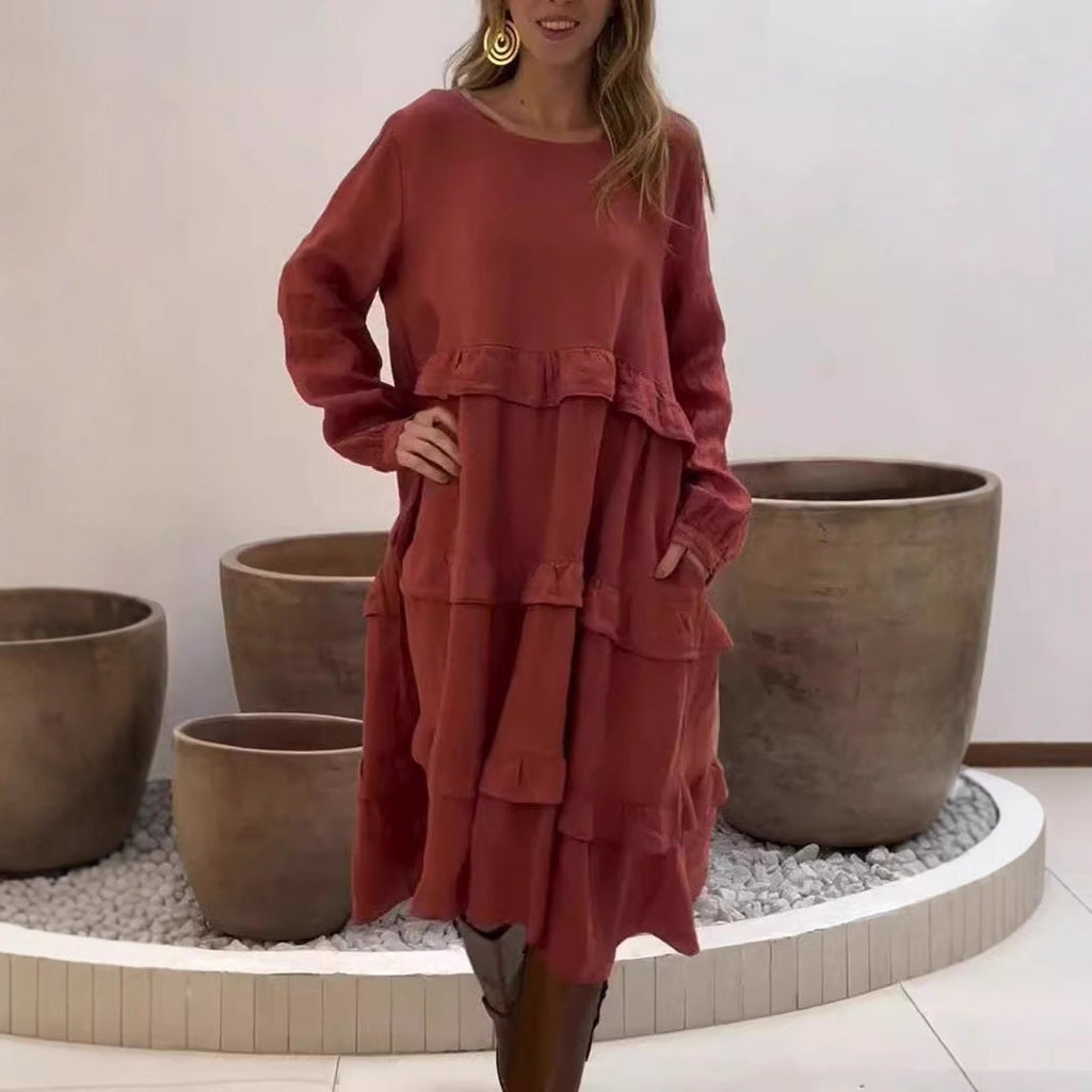 Valenzora | Langärmliges Kleid mit Rüschen und Rundhalsausschnitt
