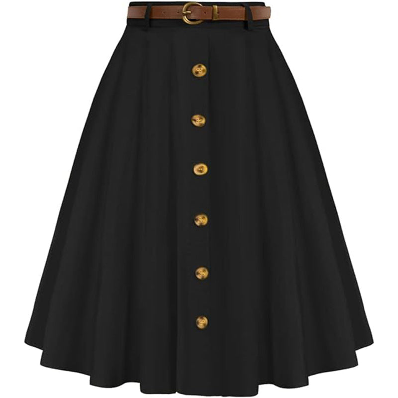 Women's A-line skirt with button placket and belt, size