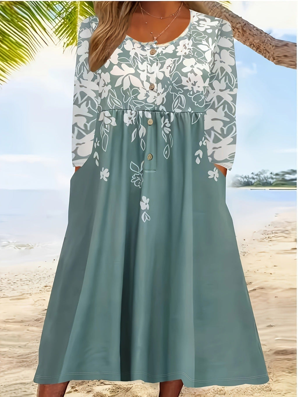 Damen fließendes Midikleid mit Blumenmuster und praktischen Taschen, Größe [size]