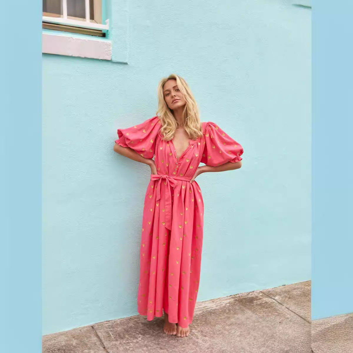 Women's summer dress with puff sleeves and gold details, size