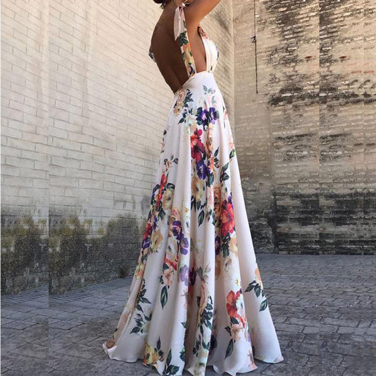 Valenzora | Printed long-sleeved spaghetti strap dress with a wide hem