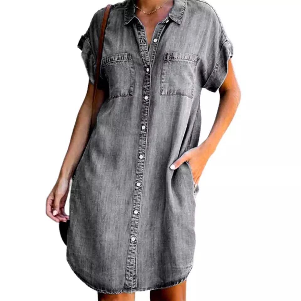 Damen Jeanshemdkleid mit zwei aufgesetzten Taschen und Knopfleiste Drune