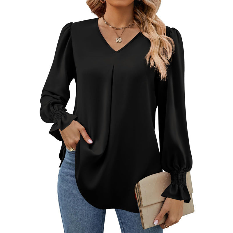 Valenzora | Solid color V-neck top with puff sleeves and long sleeves