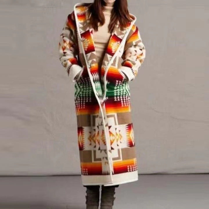 Women's long cardigan in a colorful ethnic design and modern cut, size