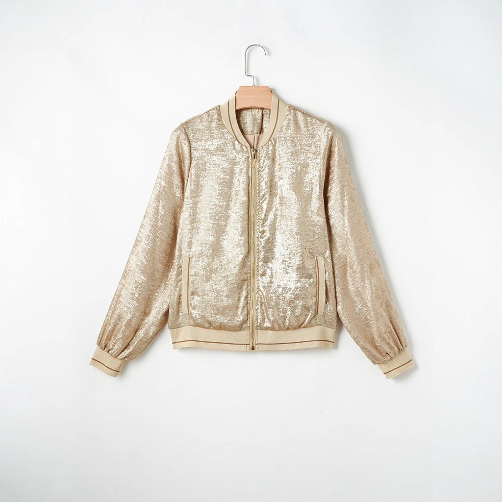 Women's shiny bomber jacket with trendy ribbed details and practical pockets, size S