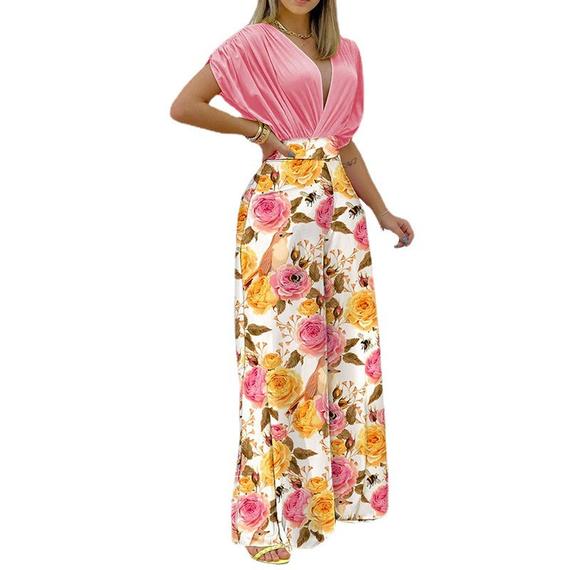 Women's jumpsuit with deep V-neck and wide leg, size