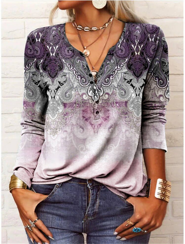 Women's long-sleeved shirt with detailed print and button placket, size