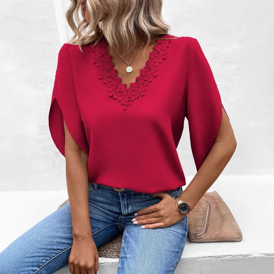 Damenbluse mit floralen Spitzenapplikationen und eleganten Cut-Out-Ärmeln, Größe S