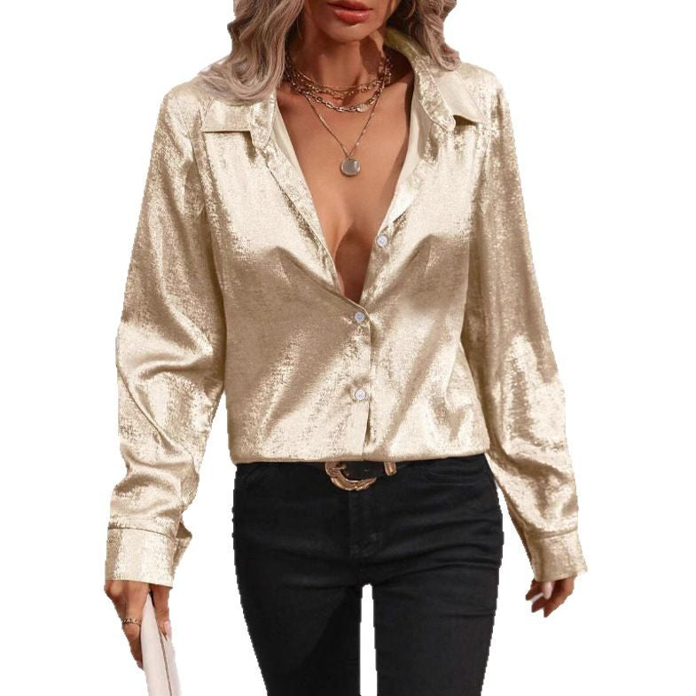 Women's shiny satin blouse with modern cut-out details, size