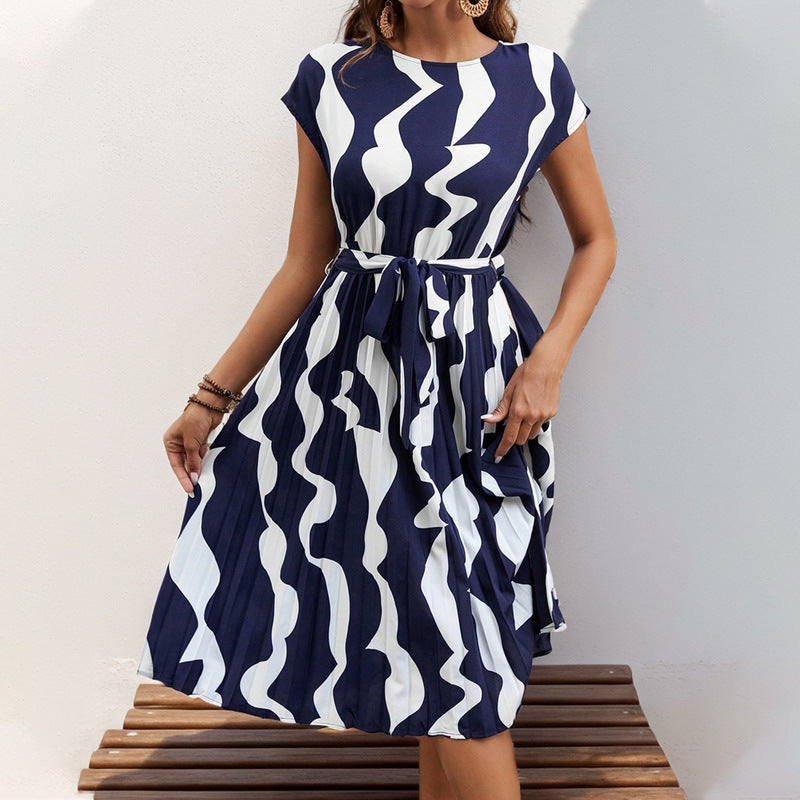 Women's midi dress with trendy geometric pattern mix and adjustable belt, size S