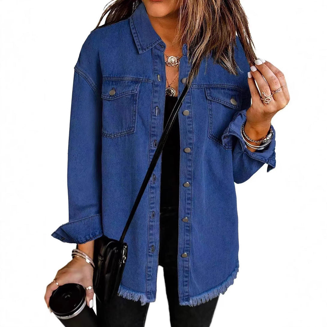 Women's Oversized Denim Shirt with Fringes, Size
