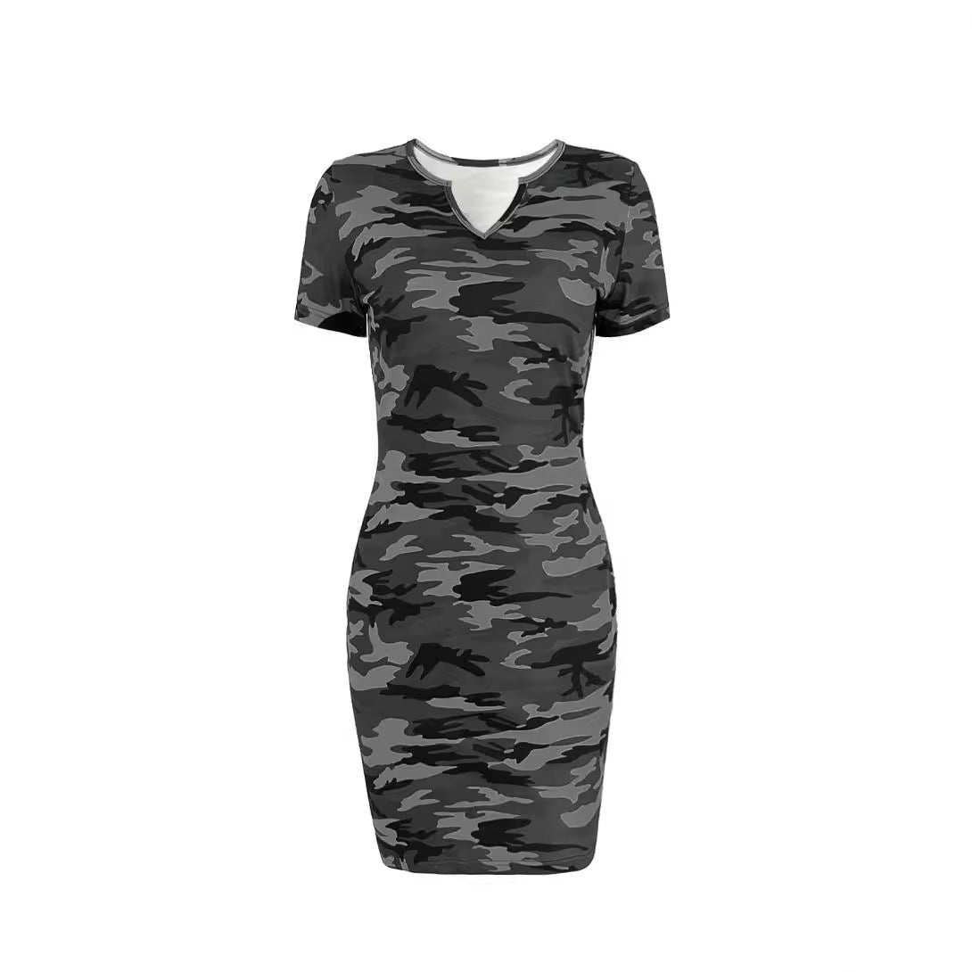 Damen figurbetontes camouflagemuster Kleid mit Kurzarm und V-Ausschnitt Drune