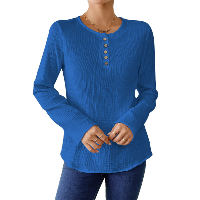 Valenzora | Slimming cotton-linen feel long-sleeved pullover shirt