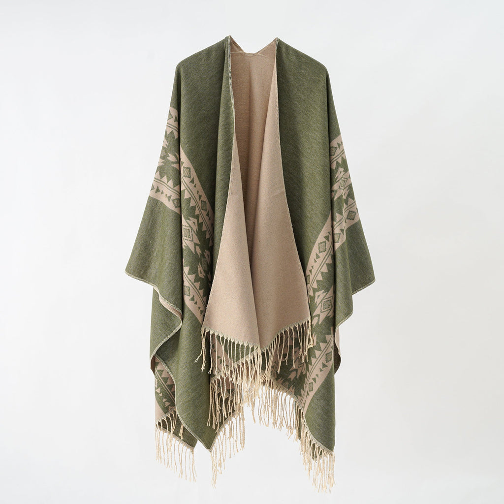 Women's elegant knitted poncho with artistic fringe and floral accents Valenzora