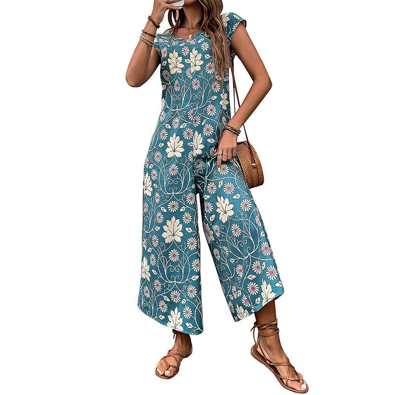 Damen-Jumpsuit mit Blumendesign und kastanienbraunem Bindegürtel, Größe