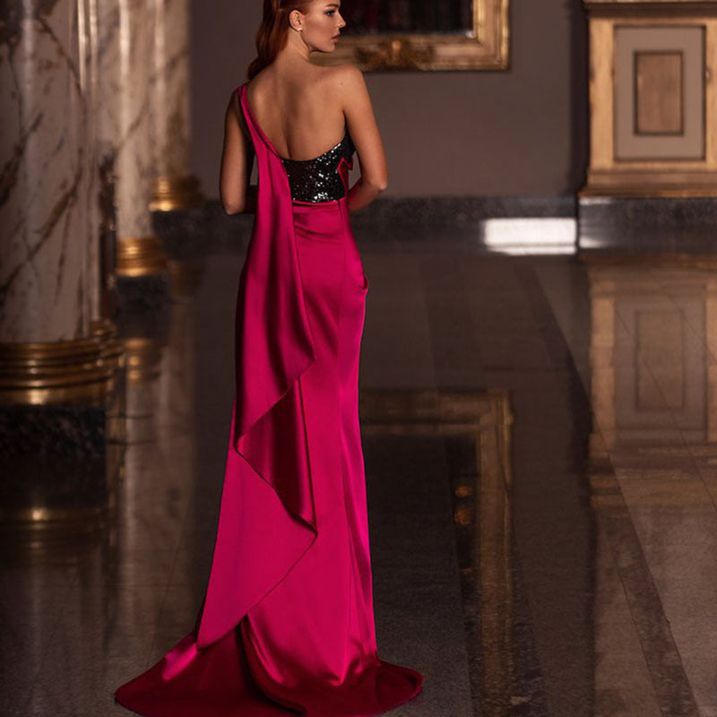 Women's elegant evening dress with transparent top and high slit, size