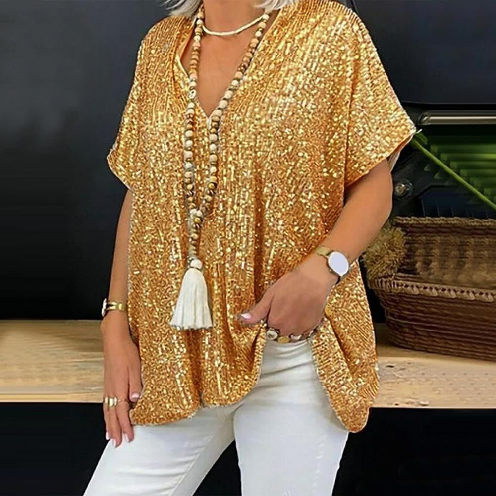 Women's sparkling top with an elegant V-neck and a relaxed fit, size [size]