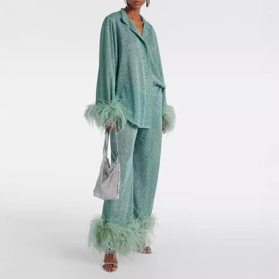 Valenzora | Autumn Winter Feather Stand-up Collar Long Sleeve Top and Trousers Set
