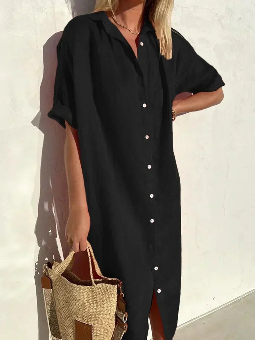 Valenzora | Button-up dress with wide neckline and narrow sleeves, elegant and relaxed, for women, cotton and linen dresses