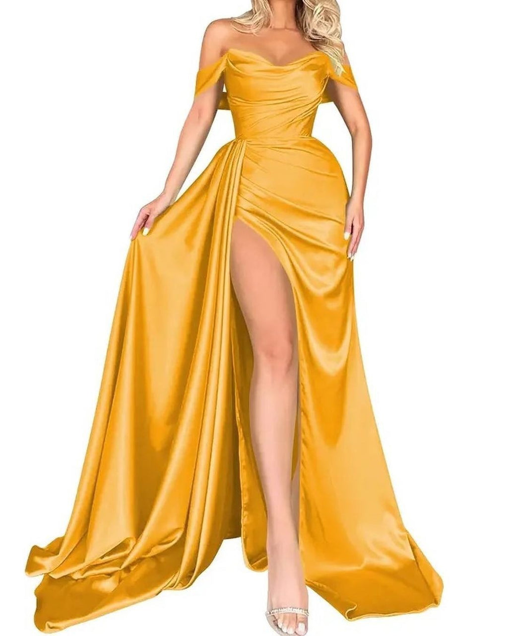 Women's off-the-shoulder evening dress with high leg slit and voluminous skirt, size [size missing]