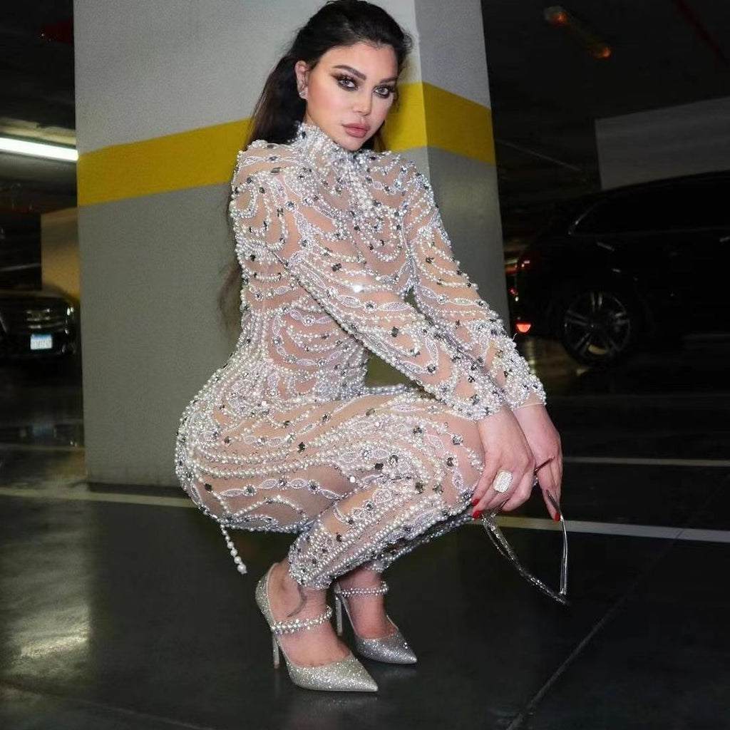 Valenzora | Figure-hugging sheer sequined dress jumpsuit