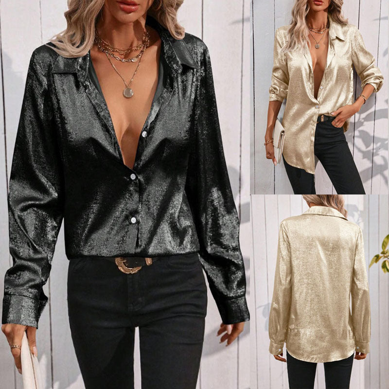 Damen-Glanzbluse mit elegantem V-Ausschnitt und zarten Knopfdetails, Größe S