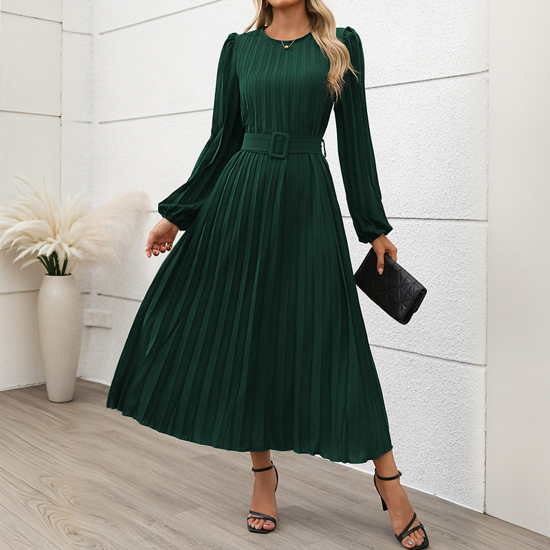 Plissiertes Damenkleid mit Taillengürtel und langen Ärmeln, Größe