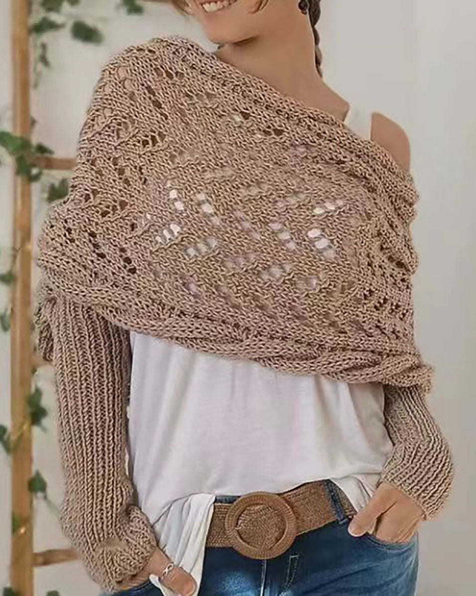 Valenzora Hollow Long Sleeve Knitted Scarf Sweater