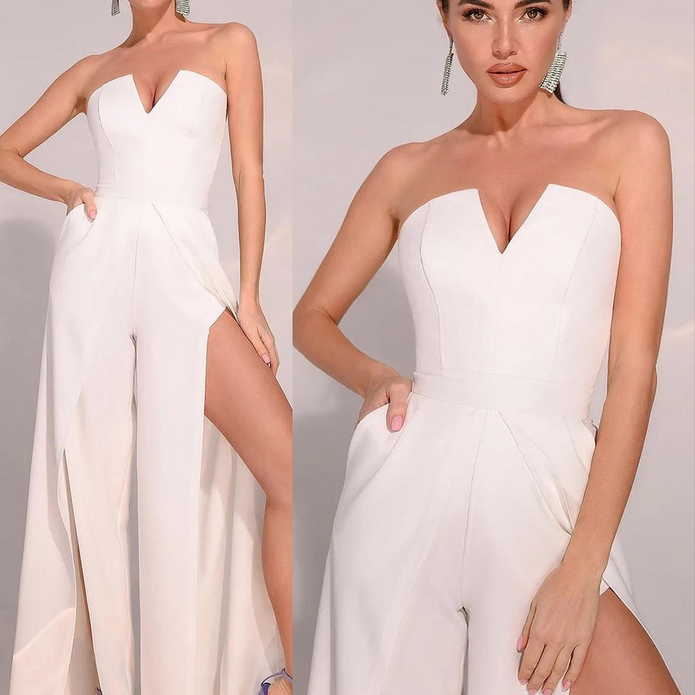 Damen Eleganter Trägerloser Overall mit Weitem Bein und Taschen, Größe