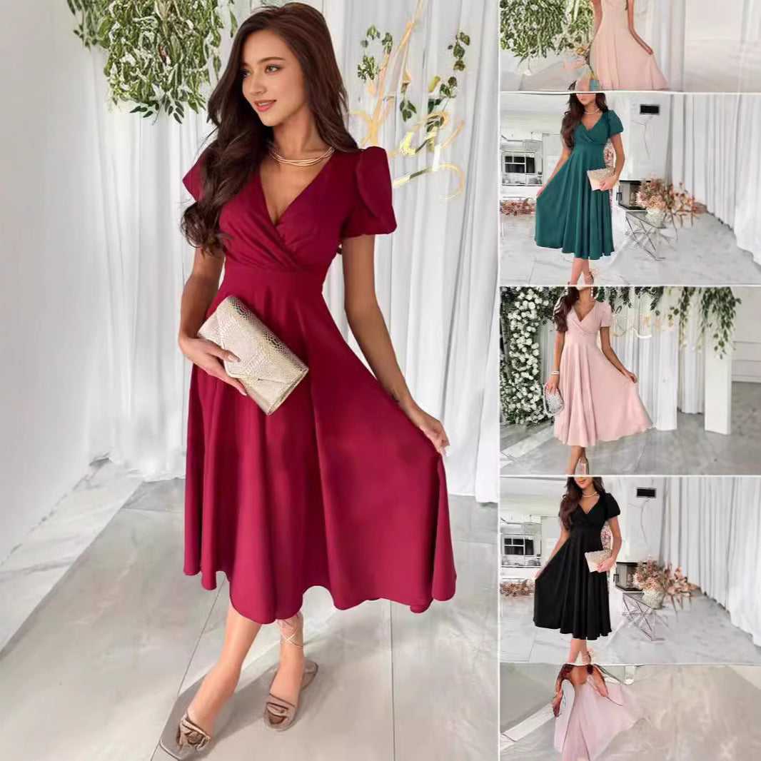 Valenzora | Commuting Solid Color Fitted Puff Sleeve Flared Dress