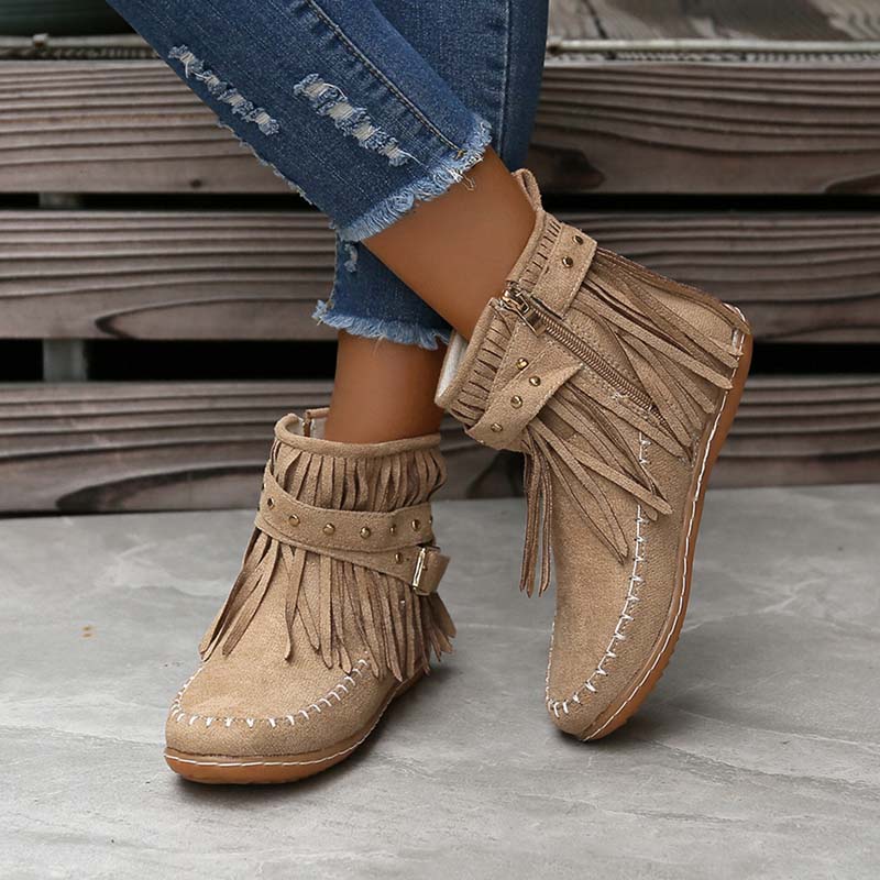 Valenzora | Boho ankle boots with fringes and buckles for women