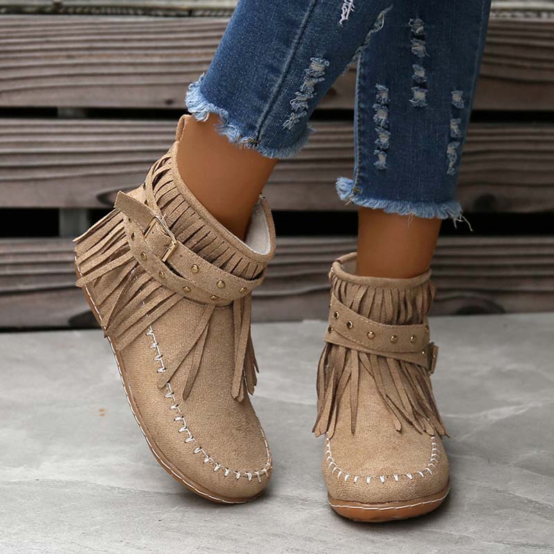 Valenzora | Boho ankle boots with fringes and buckles for women