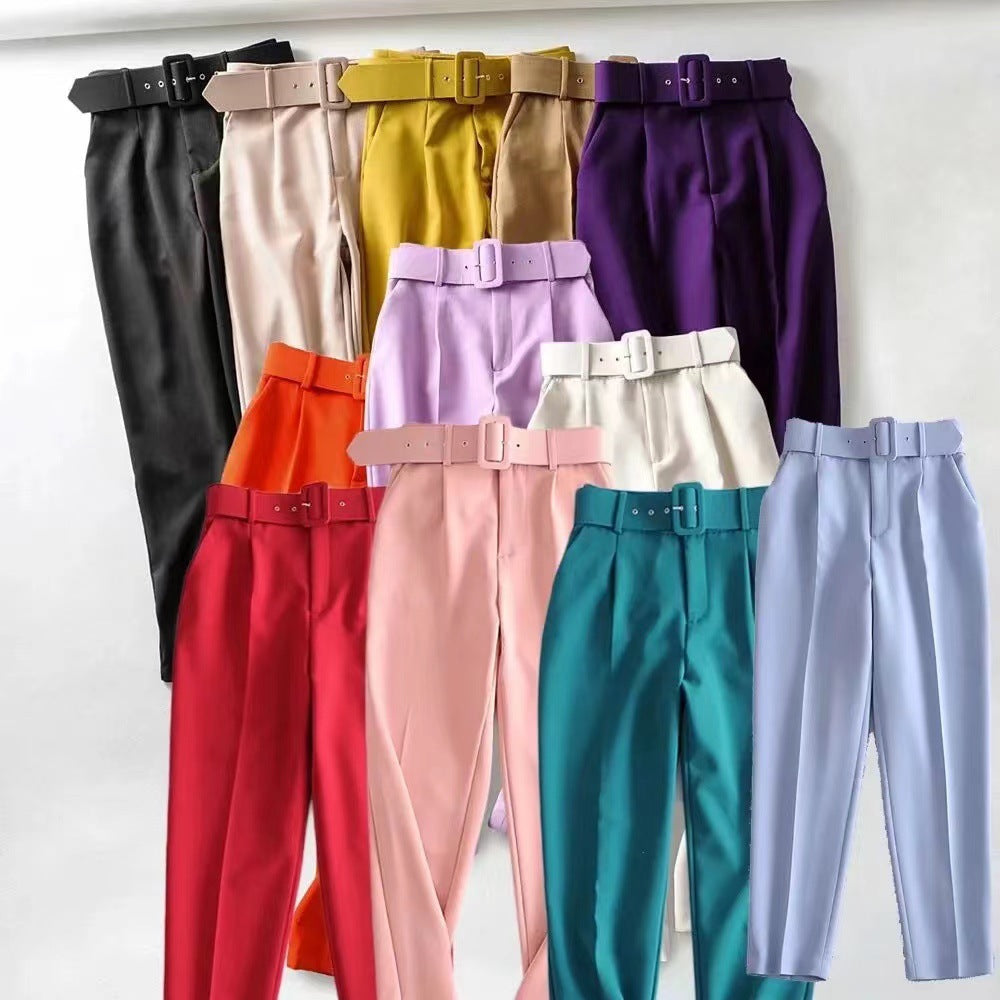 Women's wide-leg high-waisted trousers with a stylish belt, size