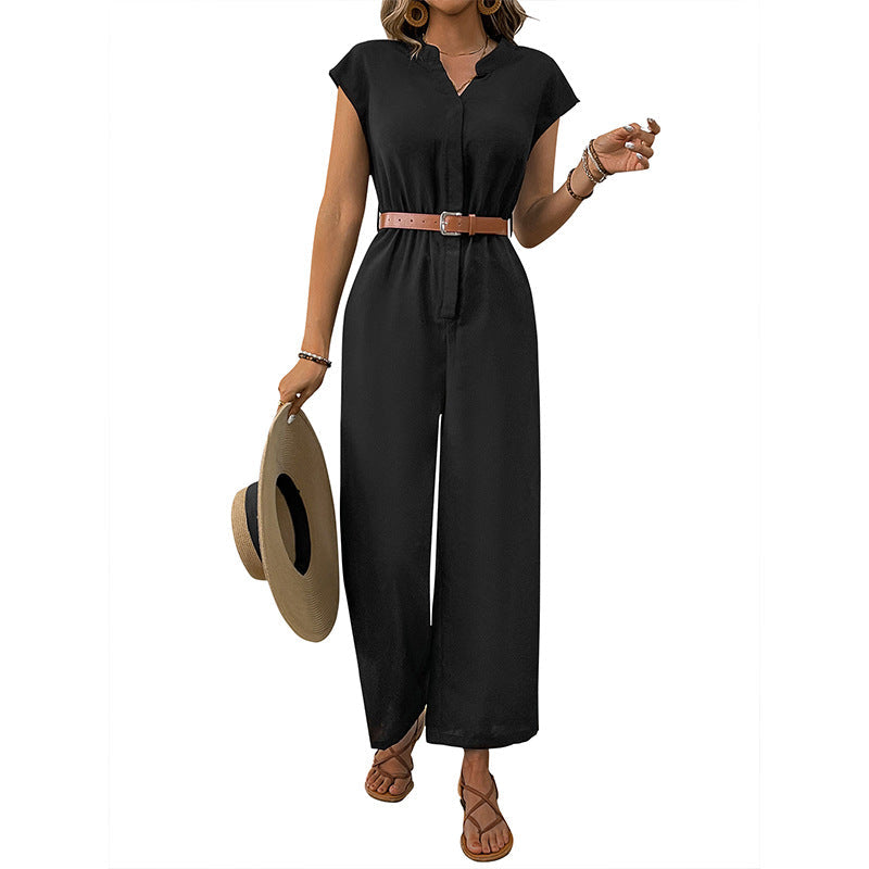 Women's jumpsuit with elegant waist belt and modern V-neck, size